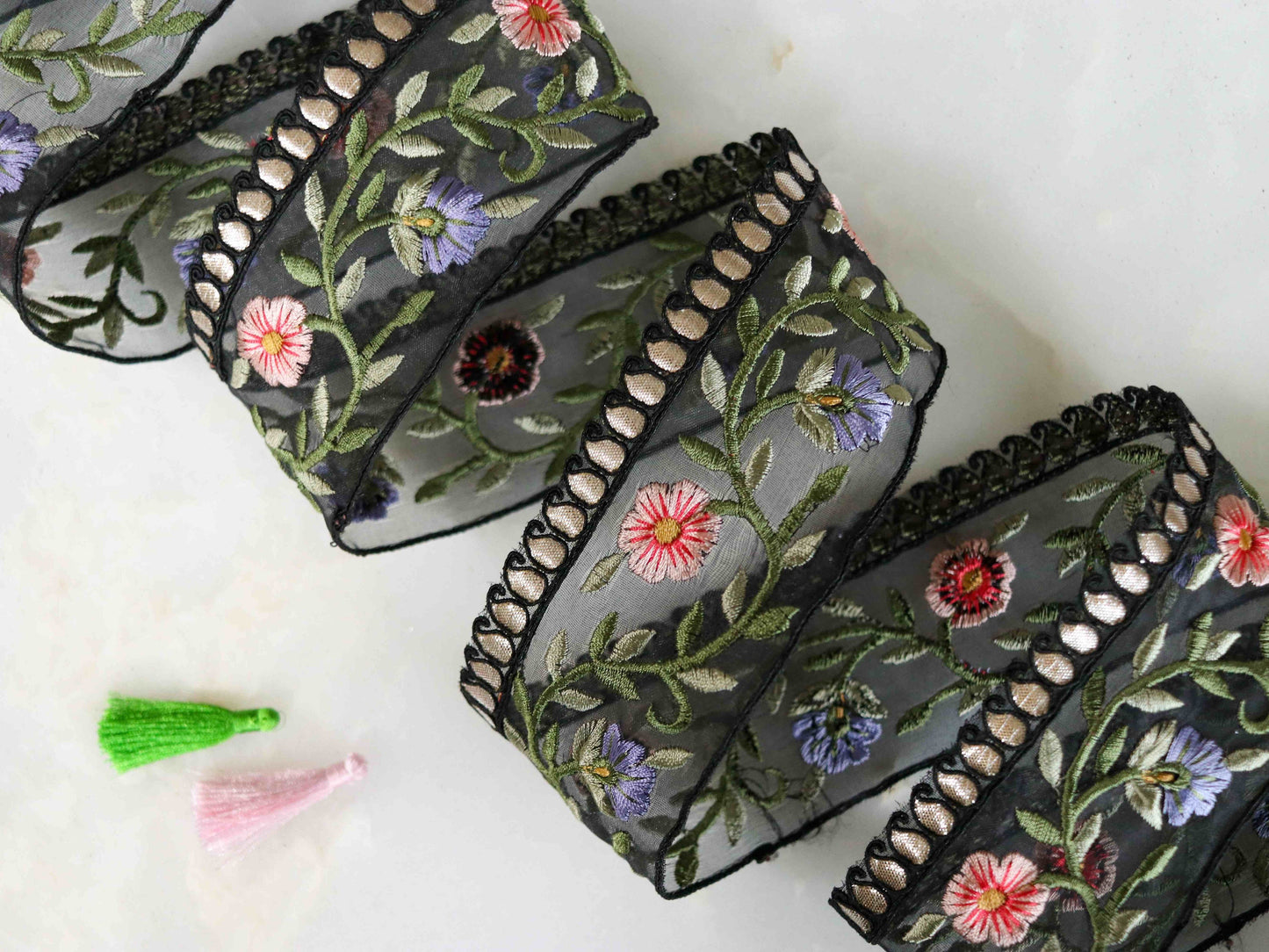 Black Pink Floral Embroidered Trim,Black Pink Blue Floral Organza Border,Floral Tissue Lace,Indian Trim,Black Saree Border,Price/mtr