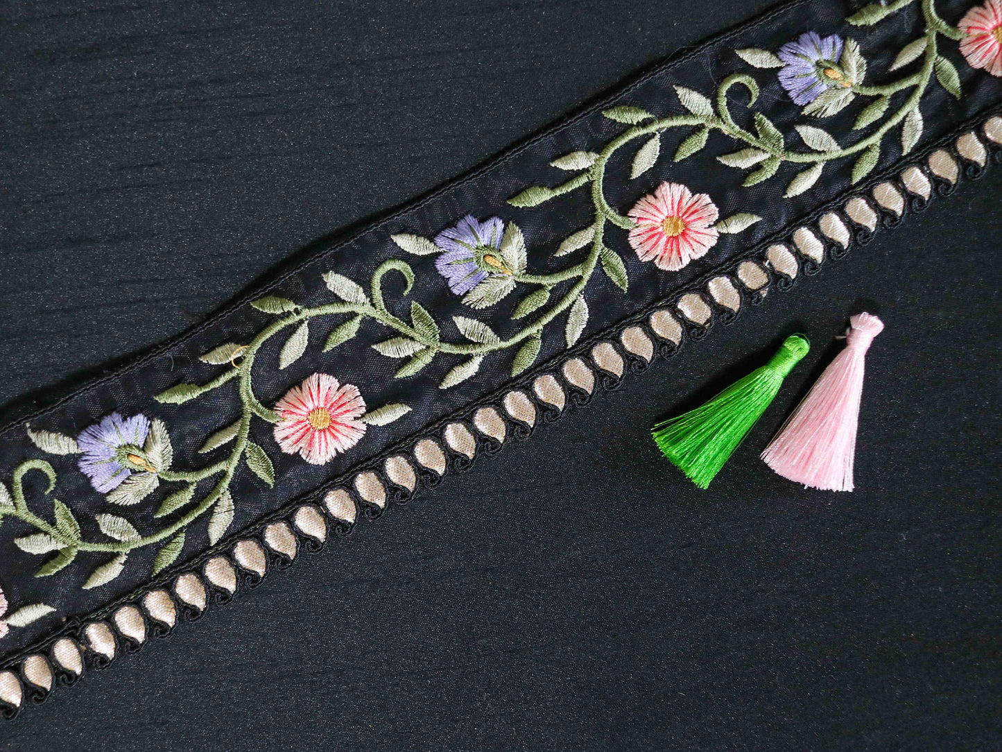 Black Pink Floral Embroidered Trim,Black Pink Blue Floral Organza Border,Floral Tissue Lace,Indian Trim,Black Saree Border,Price/mtr