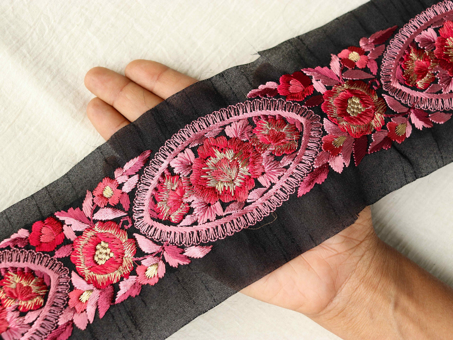 Black Pink Floral Embroidered Trim,Indian Kashmiri Border,Black Pink Rose Floral Lace,Black Pink Saree Border,Price/mtr