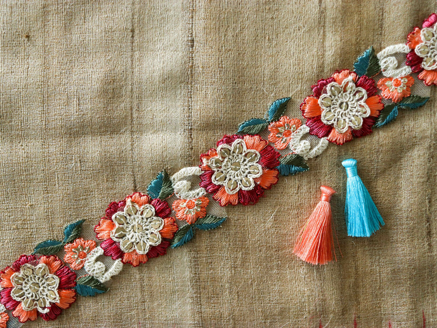 Peach Fuzz Floral Cutwork Trim,Embroidered Sequin Floral Net Border,Berry Peach Net Lace,Indian Fabric Trim,Floral Saree Border,Price/mtr