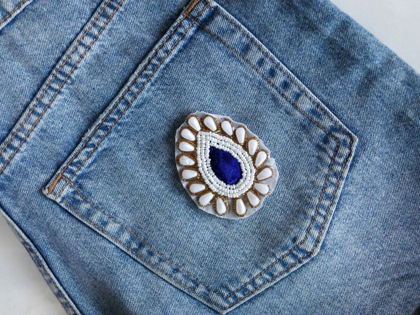 White Blue Teardrop Embroidered Patch,Indian Handmade Beaded Leaf Paan Applique, White Blue DIY Denim Costume patch