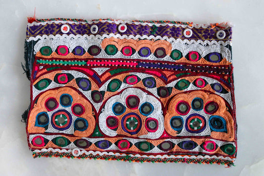 Recycled Boho Multicolour Embroidered Patch,Handmade Kutchi Mirror Applique, White Peach Tribal Banjara Mirror Embroidery Patch,DIY Patch
