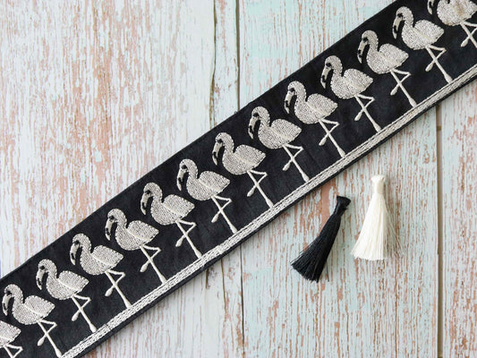 Quirky Black Flamingo Embroidered Trim,Bird Border,Boho Swan Stork Embroidered Lace,Quirky Indian Saree Border,Price/mtr