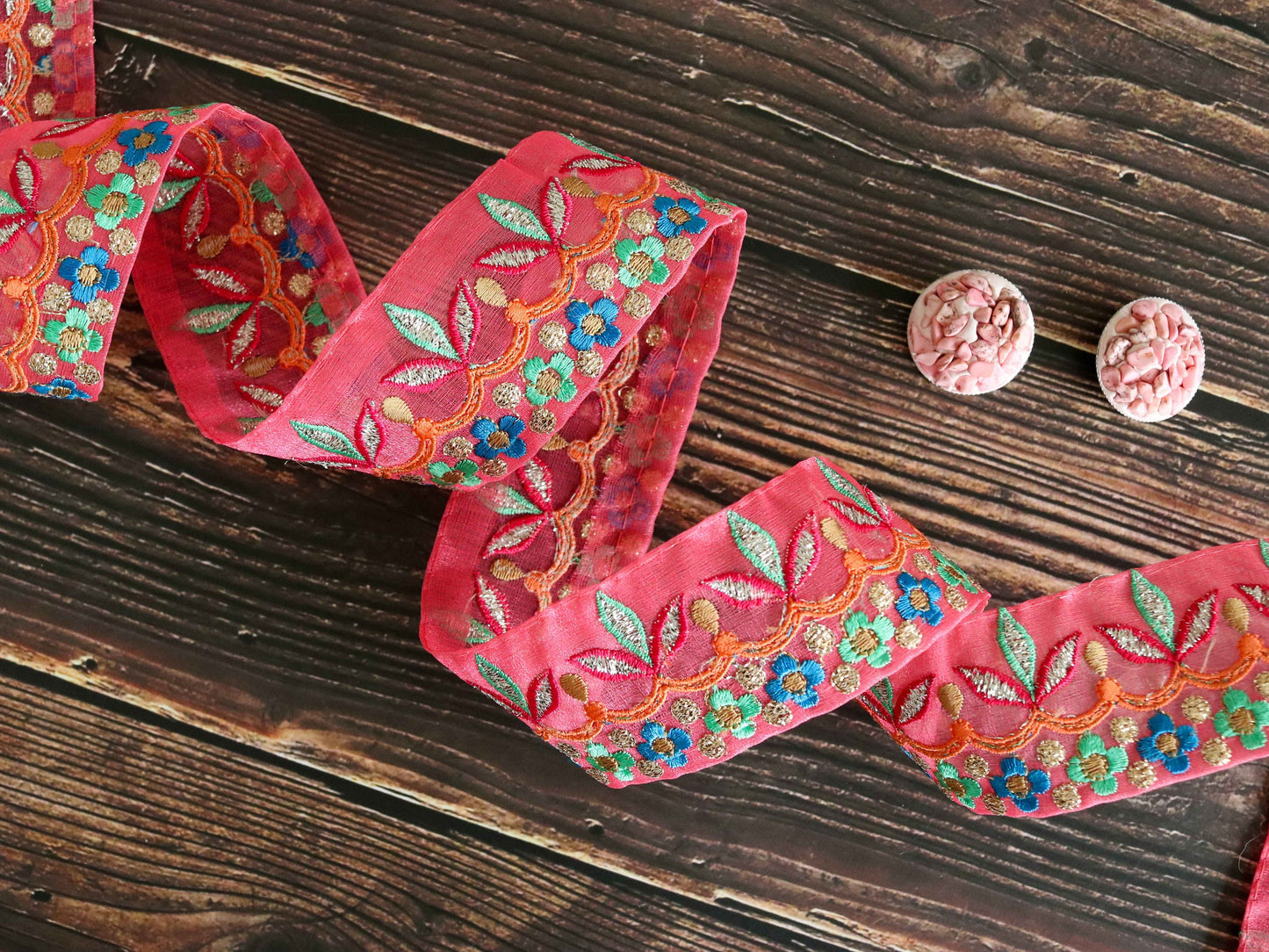 Pink Green Floral Embroidered Trim,Pink Tissue Floral Lace,Indian Fabric Trim,Pink Green Floral Organza Saree Border,Price/mtr