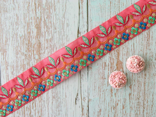 Pink Green Floral Embroidered Trim,Pink Tissue Floral Lace,Indian Fabric Trim,Pink Green Floral Organza Saree Border,Price/mtr