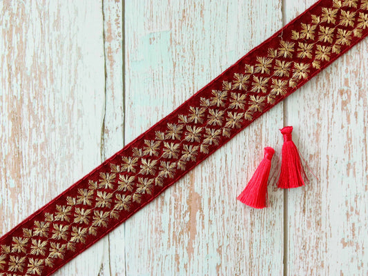 Maroon Gold Velvet Floral Trim,Indian Embroidered Border,Red Gold Zari Lace,Maroon Velvet Saree Border,Maroon Floral Border,Price/mtr