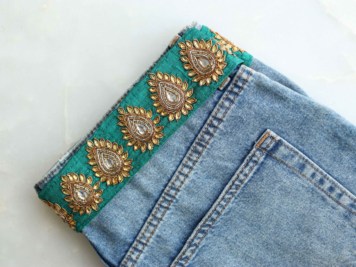 Green Gold Teardrop Embroidered Trim,Handmade Calcutta Embroidered Border,Green Kundan Lace,Indian Fabric Bridal Designer Trim,Price/mtr