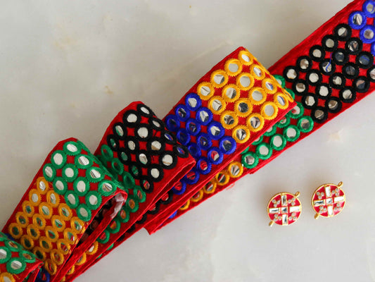 Multicolour Sequin Embroidered Kutchi Trim,Indian Mirror Embroidered Border,Red Green Mirror Lace,Tribal Boho Hippie Saree Border,Price/mtr