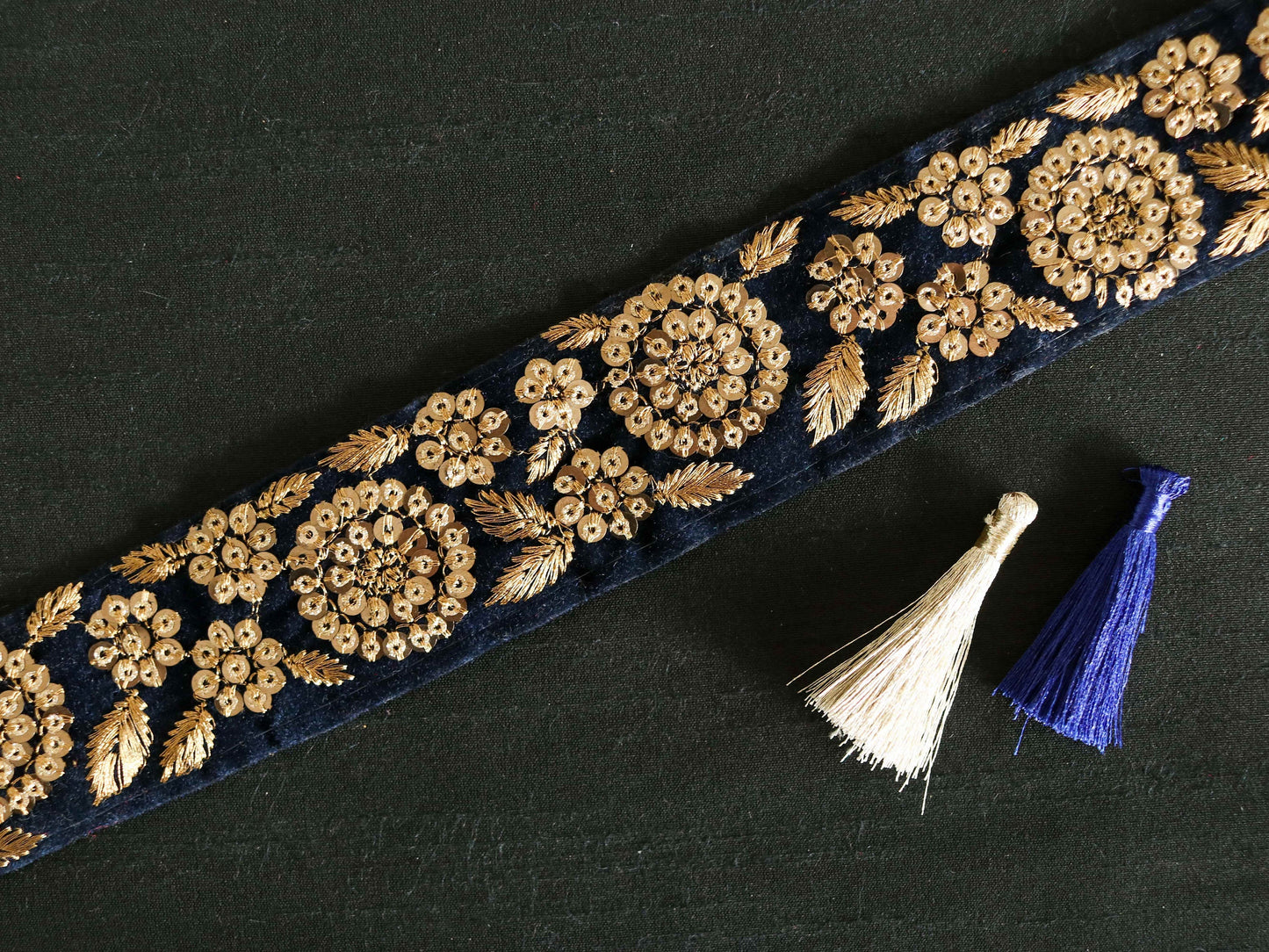Deep Blue Gold Velvet Trim,Indian Floral Sequin Embroidered Border,Blue Gold Lace,Floral Velvet Saree Border,Price/mtr