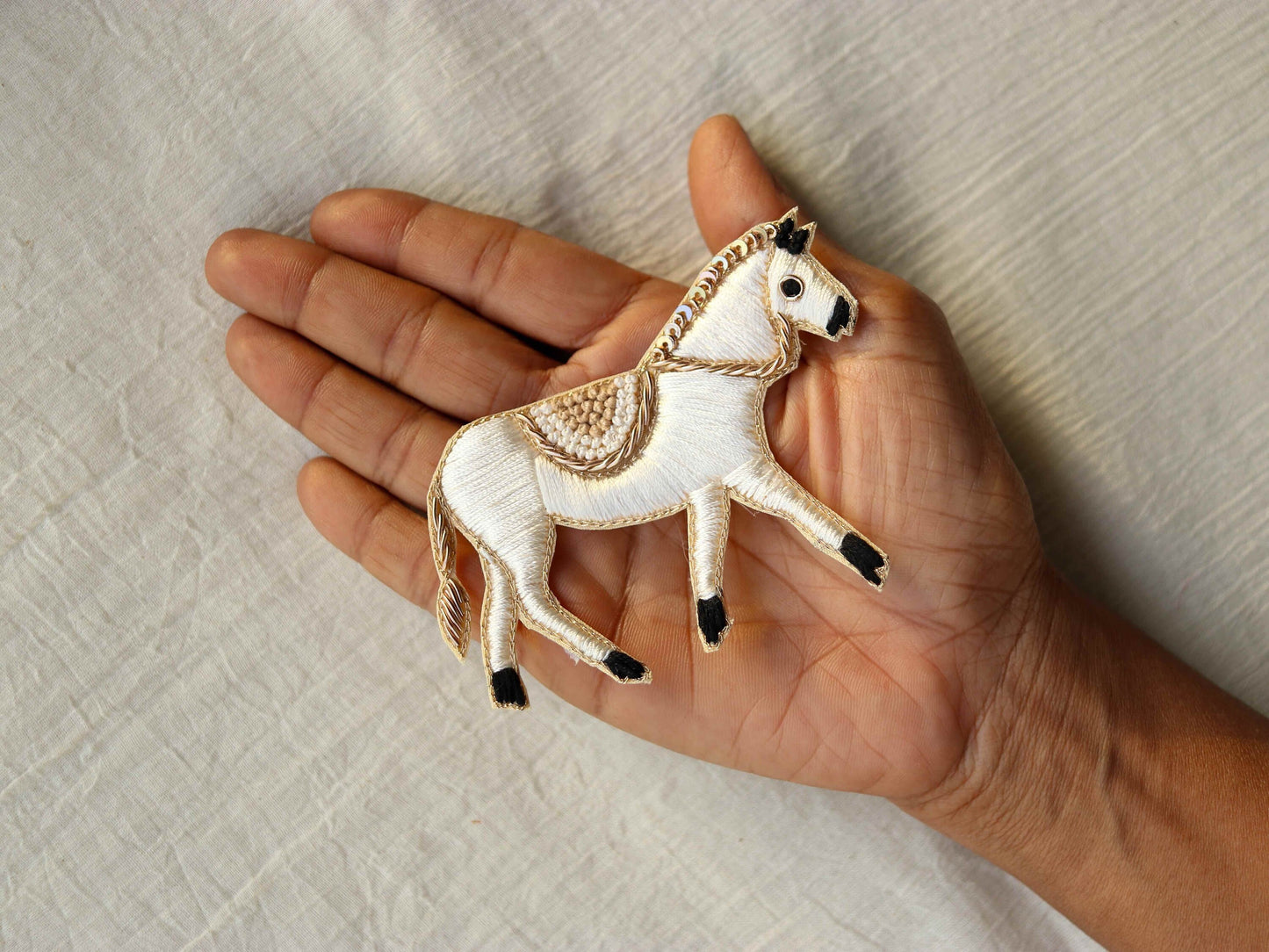 White Gold Embroidered Horse Patch,Handmade embroidered applique, White Horse Patch,Animal patch,Costume Denim DIY Patch,Sew on applique