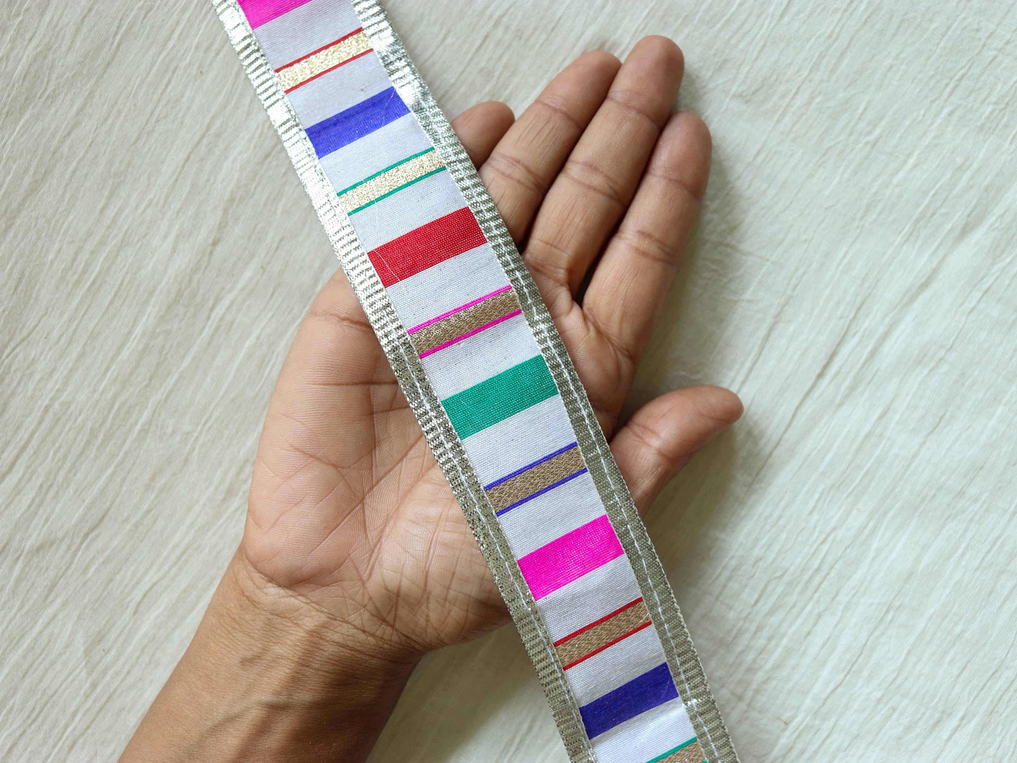 White Pink Silver Stripe Trim, White Red Festive Printed Border, Boho Designer Bridal Lace, Stripe Gota Saree Border, Price/mtr