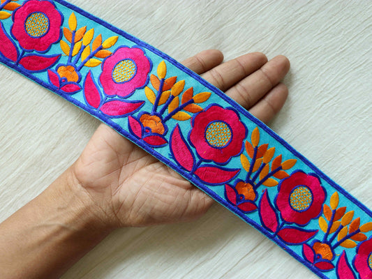 Blue Red Floral Embroidered Trim, Indian Fabric Border, Blue Red Floral Lace, Parsi Embroidery Floral Saree Border, インド刺繍リボン, Price/mtr
