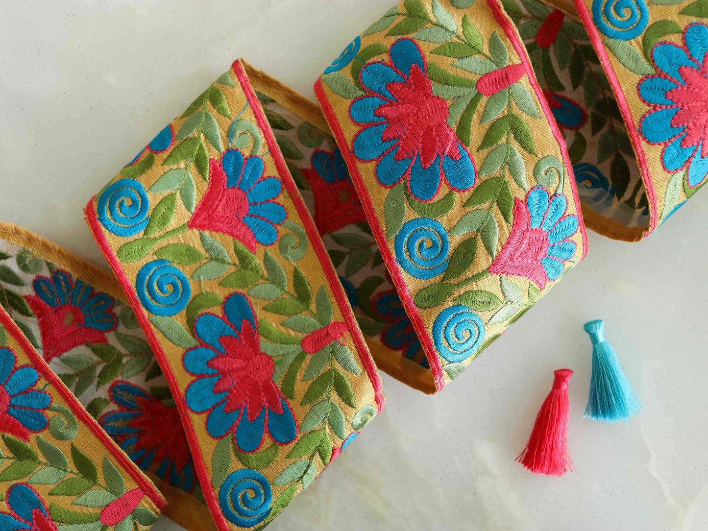 Yellow Blue Floral Embroidered Trim,Indian Fabric Border,Yellow Pink Floral Lace,Parsi Embroidery Yellow Floral Saree Border,Price/mtr