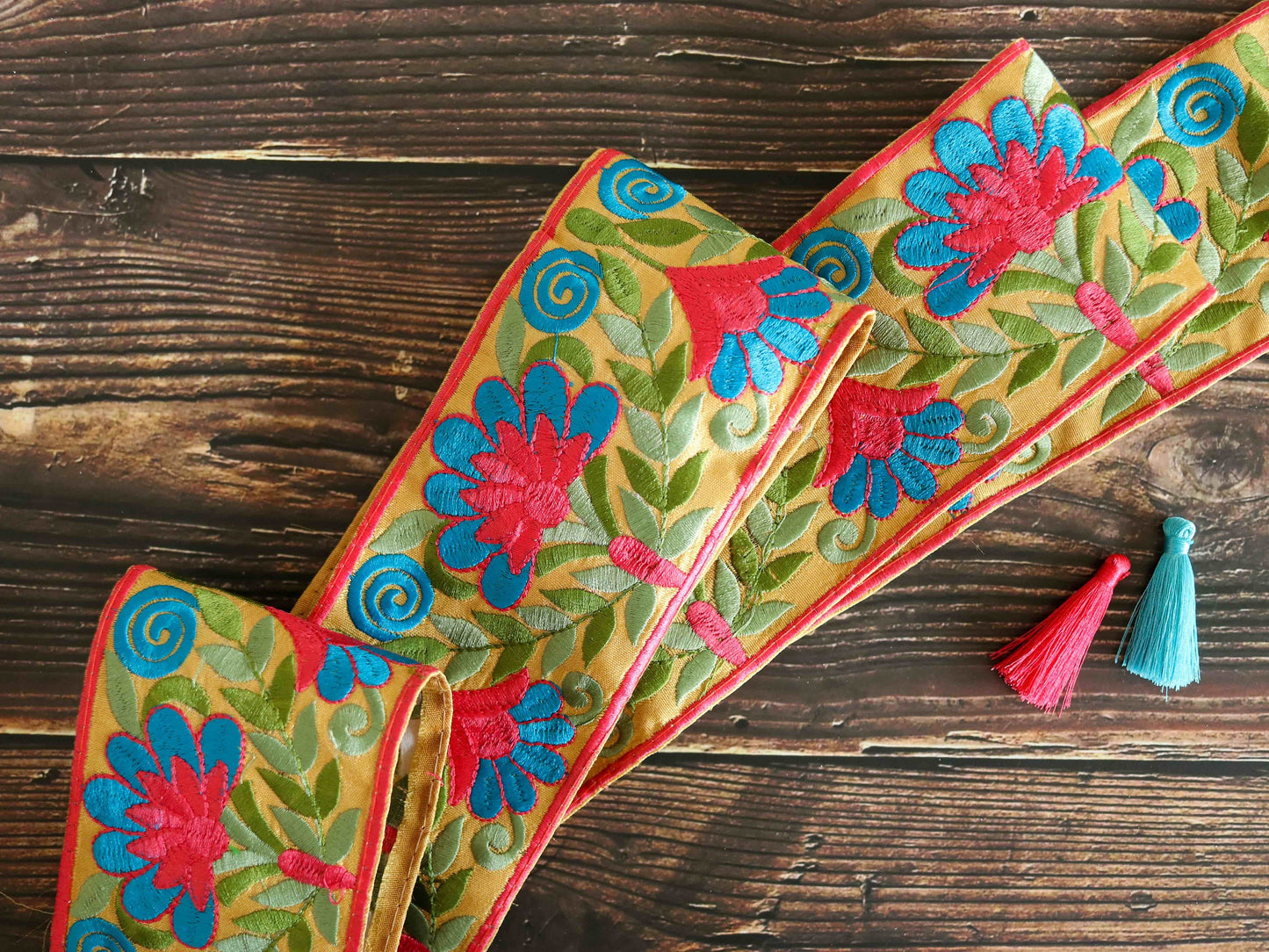 Yellow Blue Floral Embroidered Trim,Indian Fabric Border,Yellow Pink Floral Lace,Parsi Embroidery Yellow Floral Saree Border,Price/mtr