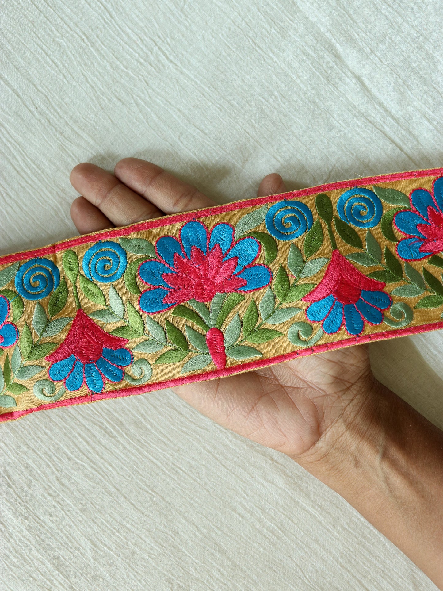 Yellow Blue Floral Embroidered Trim,Indian Fabric Border,Yellow Pink Floral Lace,Parsi Embroidery Yellow Floral Saree Border,Price/mtr