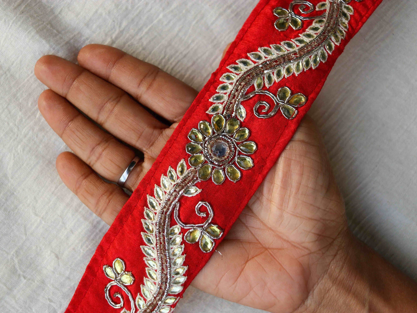 Red Gold Floral Embroidered Trim,Handmade Calcutta Kundan Border,Bridal Designer Lace,Red Floral Saree Border,Price/mtr