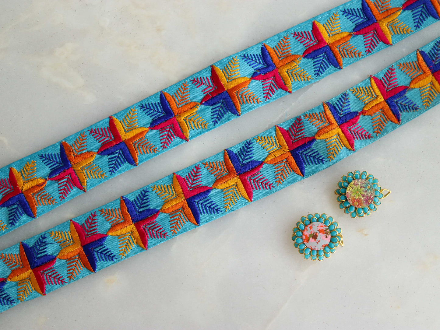 Blue Pink Embroidered Phulkari Trim,Floral Indian Border,Geometric Blue Lace,Boho Hippie Phulkari Saree Border,Snowflake Design,Price/mtr
