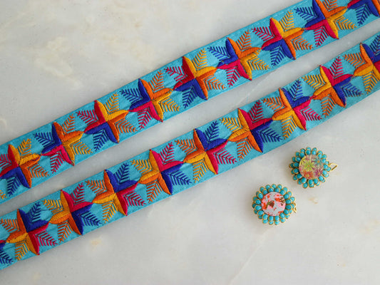 Blue Pink Embroidered Phulkari Trim,Floral Indian Border,Geometric Blue Lace,Boho Hippie Phulkari Saree Border,Snowflake Design,Price/mtr