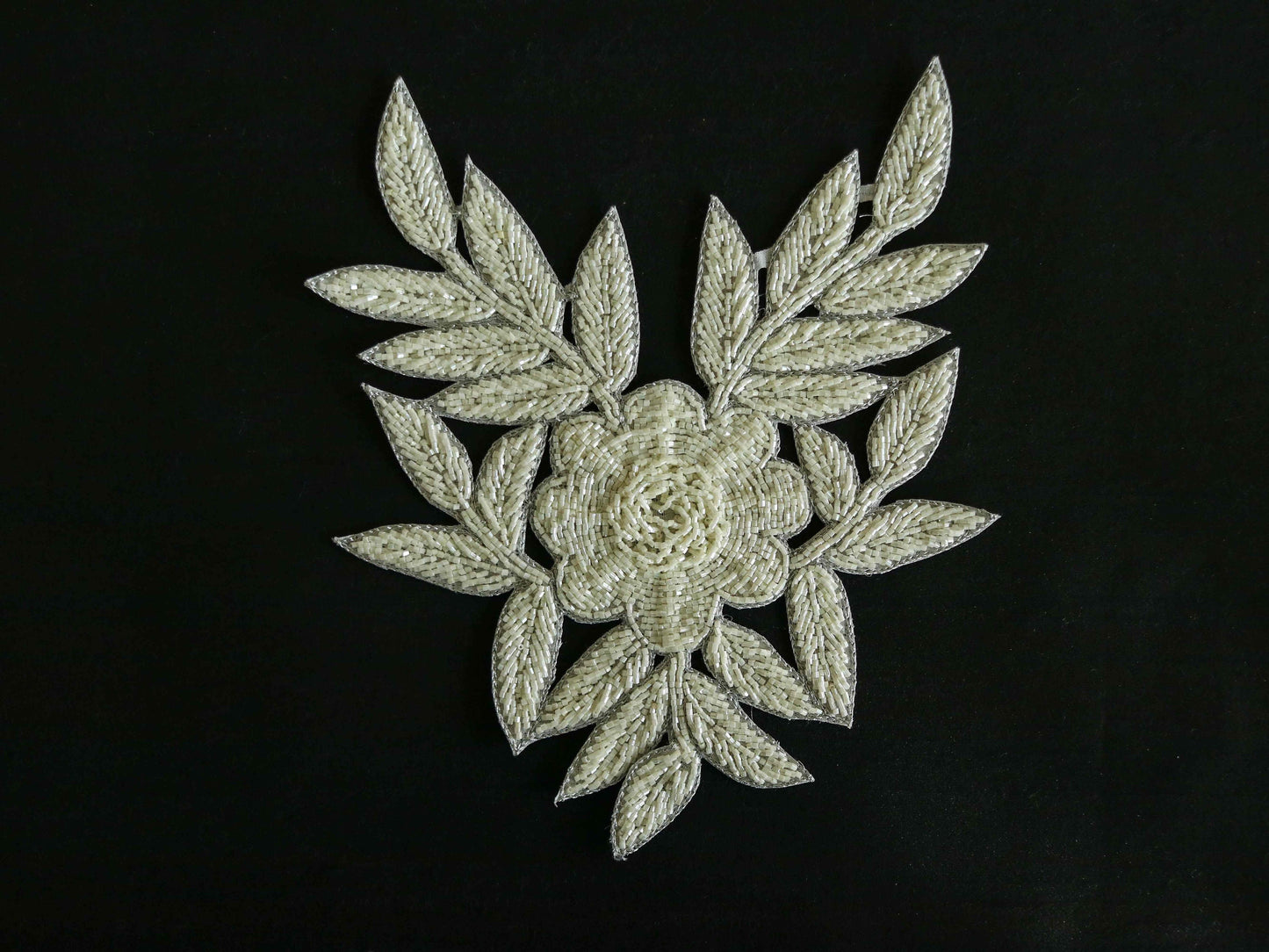 White Beaded Floral Embroidered Patch,Handmade embroidered large flower applique, White wedding Floral patch, DIY Patch