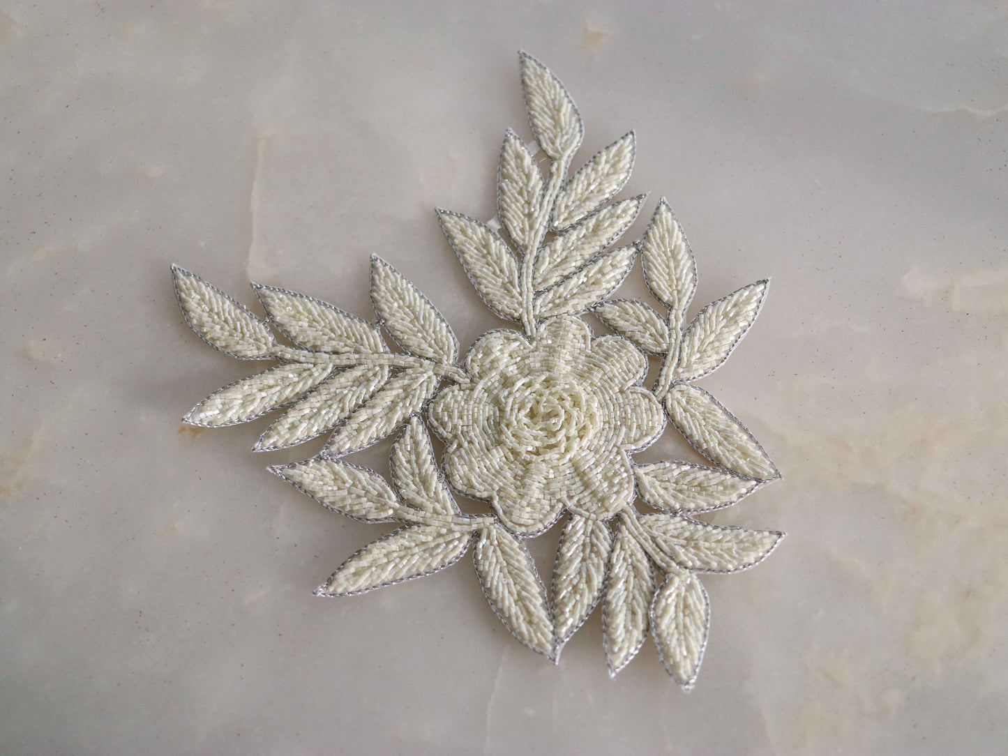 White Beaded Floral Embroidered Patch,Handmade embroidered large flower applique, White wedding Floral patch, DIY Patch