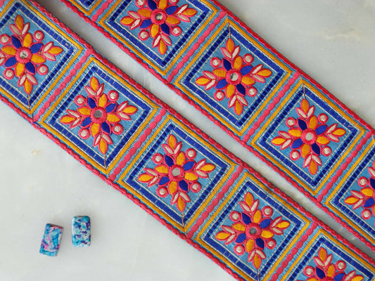 Pink Blue Floral Phulkari Trim,Embroidered Indian Border,Square Patchwork Pink Blue Lace,Boho Hippie Phulkari Saree Border,Price/mtr