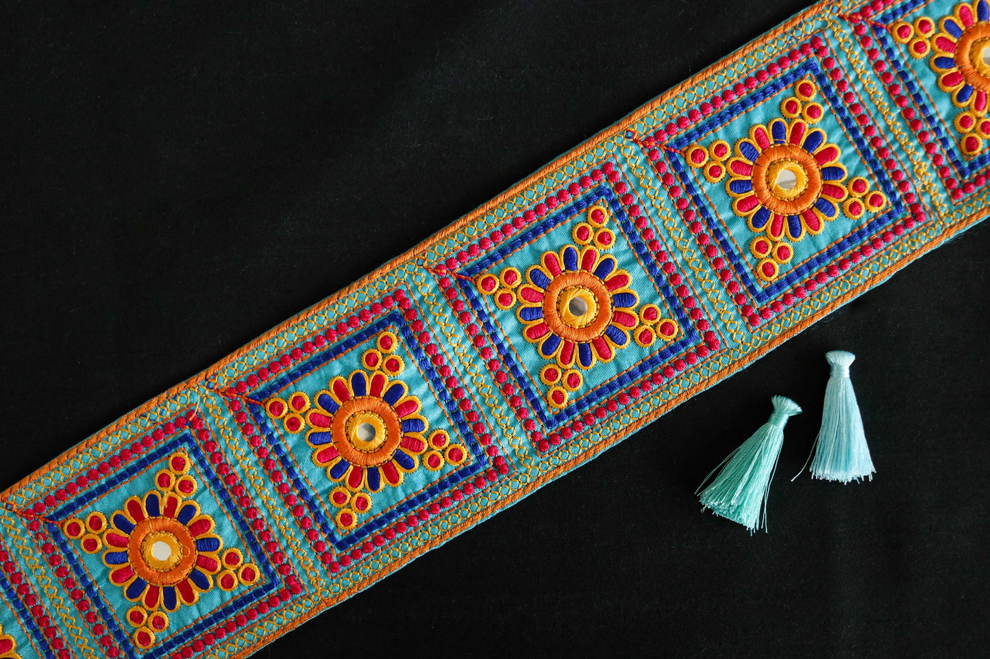 Blue Yellow Floral Phulkari Trim,Embroidered Indian Border,Square Patchwork Blue Orange Lace,Boho Hippie Phulkari Saree Border,Price/mtr