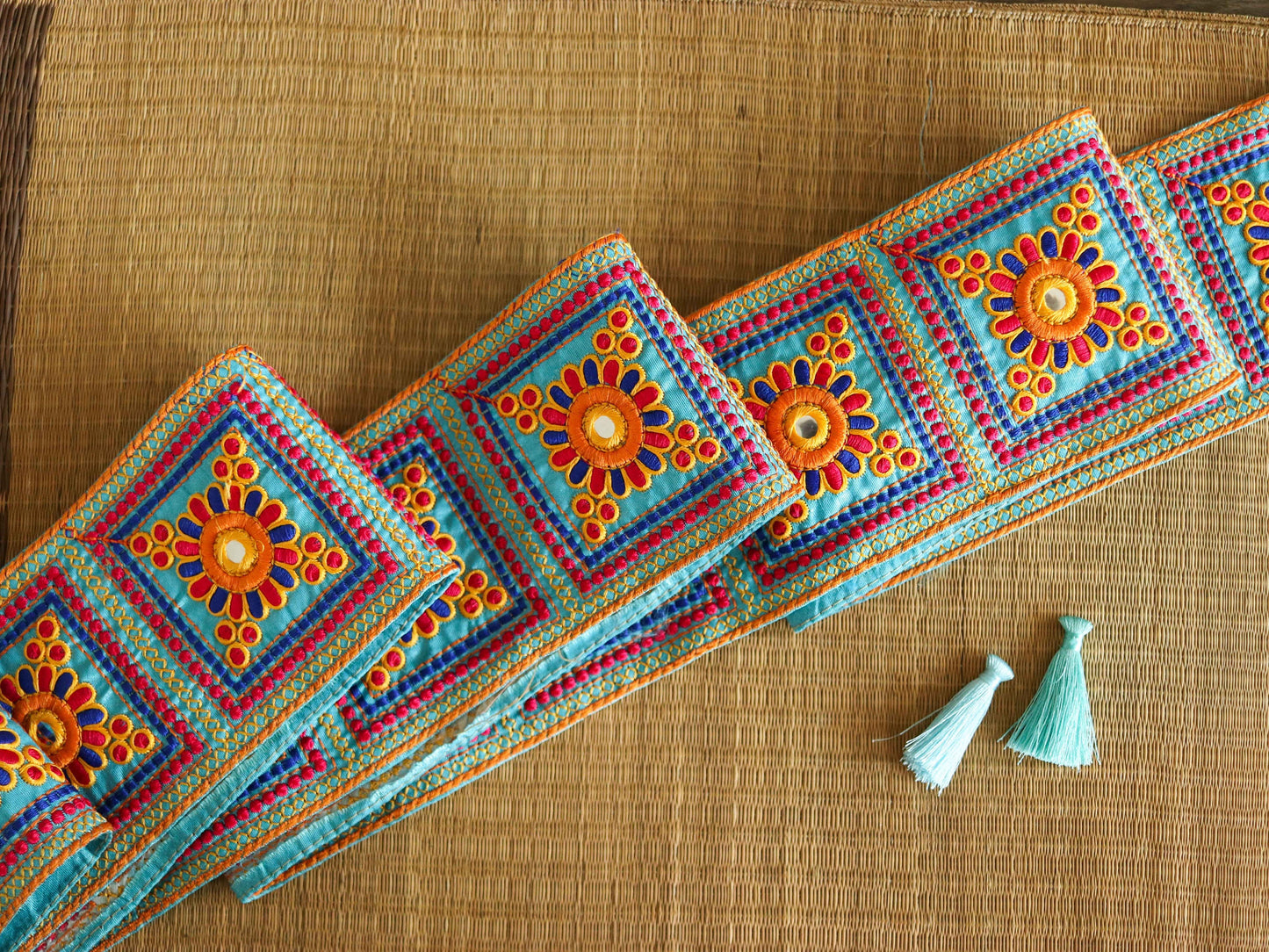 Blue Yellow Floral Phulkari Trim,Embroidered Indian Border,Square Patchwork Blue Orange Lace,Boho Hippie Phulkari Saree Border,Price/mtr