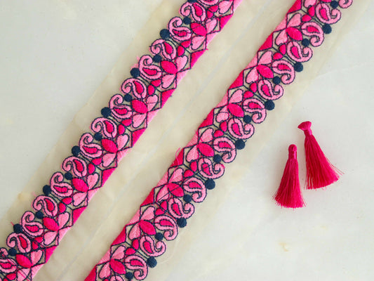 Pink Paisley Net Embroidered Trim,Indian Fabric Net Paisley Border,Pink Net Lace,Paisley Saree Border,Price/mtr