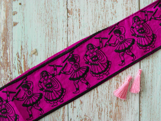 Pink Black Dandiya Embroidered Trim, Kutchi Indian Border,Human Couple Dancing Festive Lace,Tribal Boho Hippie Hot Pink Saree Border,Price/m