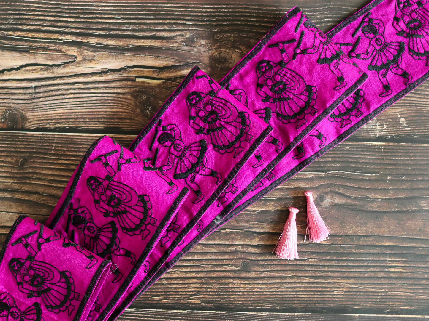 Pink Black Dandiya Embroidered Trim, Kutchi Indian Border,Human Couple Dancing Festive Lace,Tribal Boho Hippie Hot Pink Saree Border,Price/m