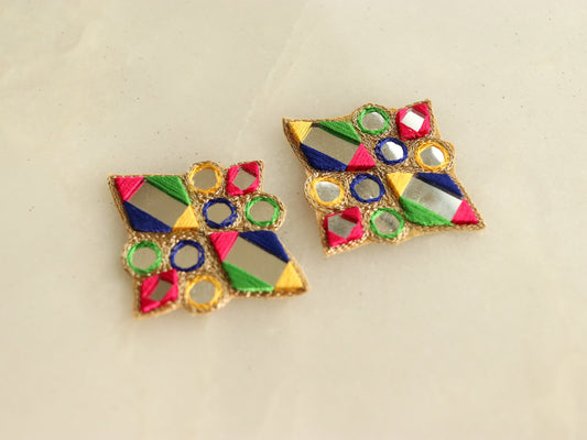 Multicolour Kutchi Mirror Embroidered Patch,Handmade Mirror Sequin Applique, Vibrant Boho Tribal Banjara Mirror Embroidery Patch,2 pcs