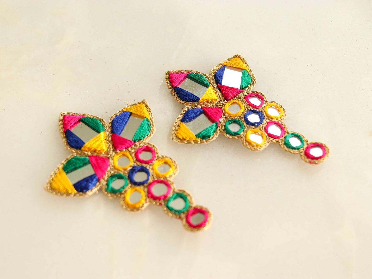 Multicolour Kutchi Mirror Embroidered Patch,Handmade Mirror Sequin Applique, Vibrant Boho Tribal Banjara Mirror Embroidery Patch,2 pcs