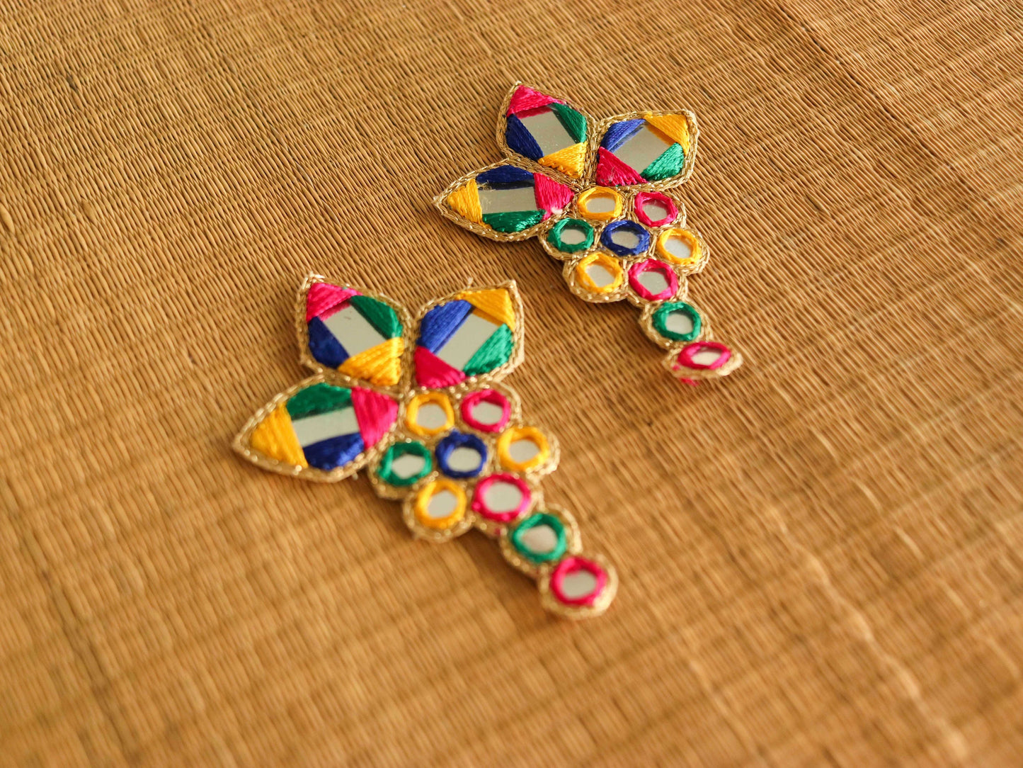 Multicolour Kutchi Mirror Embroidered Patch,Handmade Mirror Sequin Applique, Vibrant Boho Tribal Banjara Mirror Embroidery Patch,2 pcs