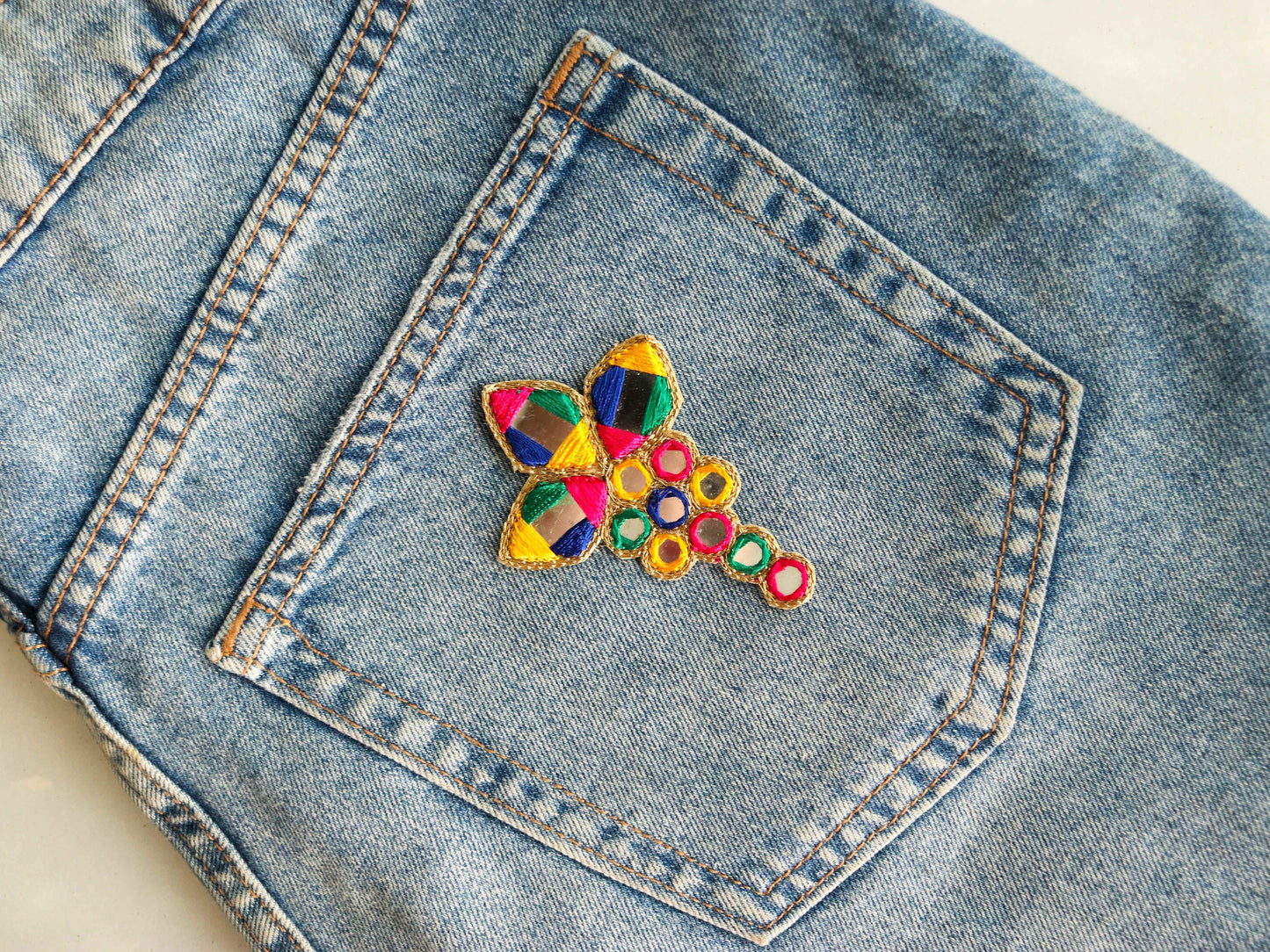 Multicolour Kutchi Mirror Embroidered Patch,Handmade Mirror Sequin Applique, Vibrant Boho Tribal Banjara Mirror Embroidery Patch,2 pcs