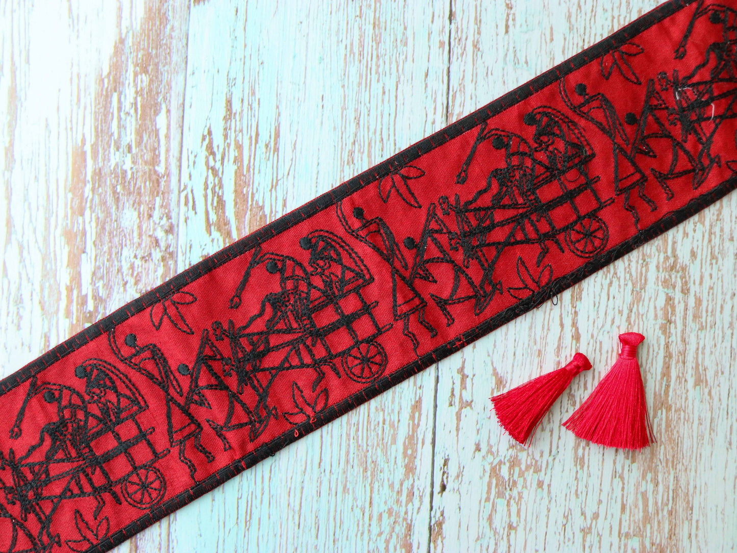 Red Black Warli Embroidered Trim,Indian Tribal Folk Art Embroidery Border,Stick Figure Painting Lace,Boho Quirky Trim,Price/mtr