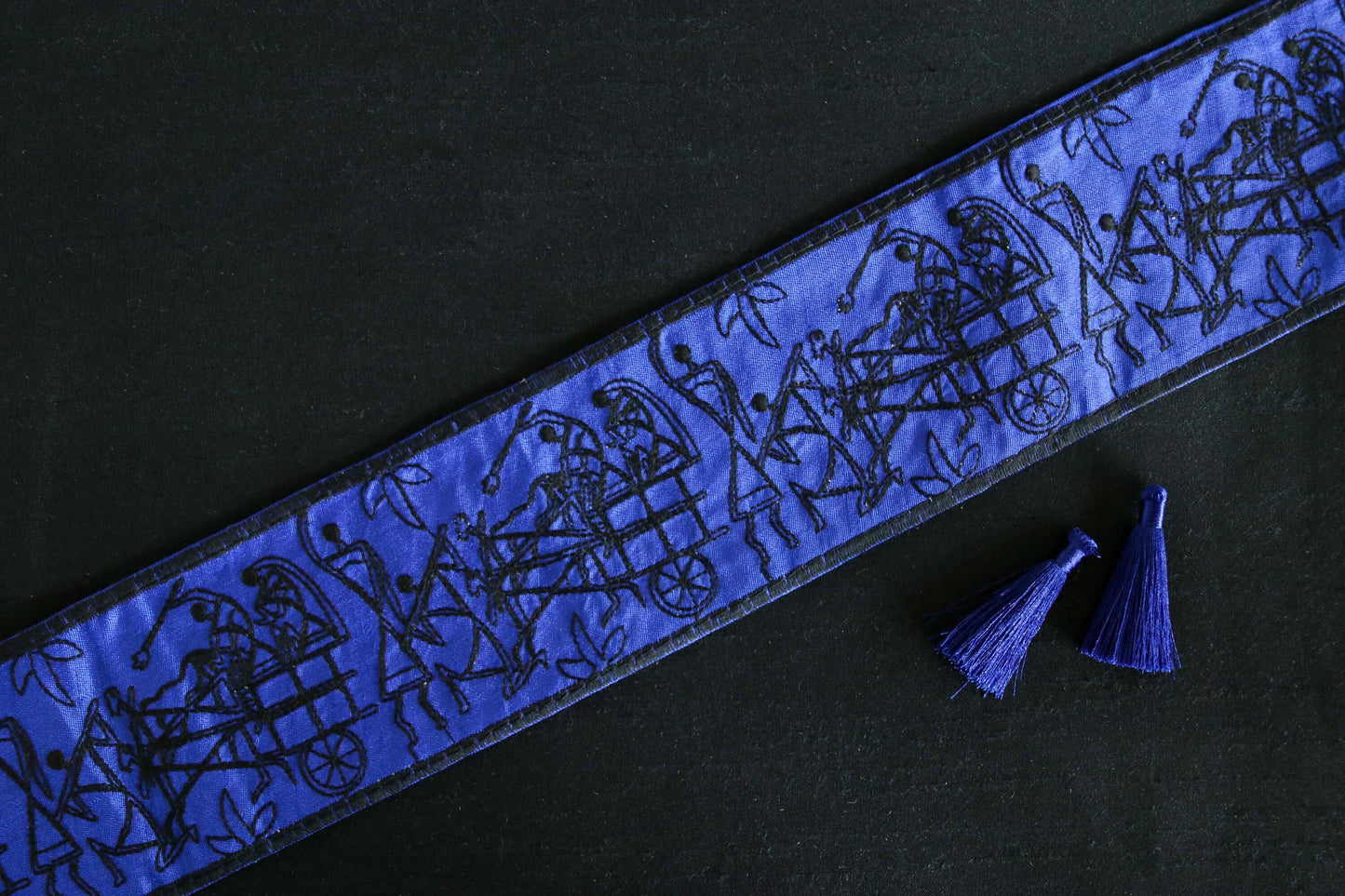 Blue Black Warli Embroidered Trim,Indian Tribal Folk Art Embroidery Border,Stick Figure Painting Lace,Boho Quirky Trim,Price/mtr