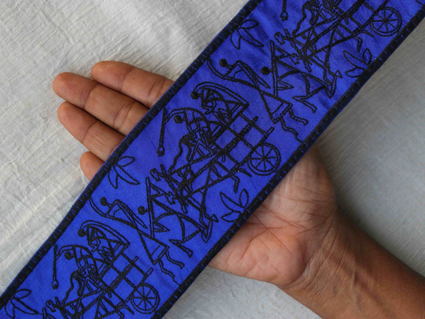 Blue Black Warli Embroidered Trim,Indian Tribal Folk Art Embroidery Border,Stick Figure Painting Lace,Boho Quirky Trim,Price/mtr