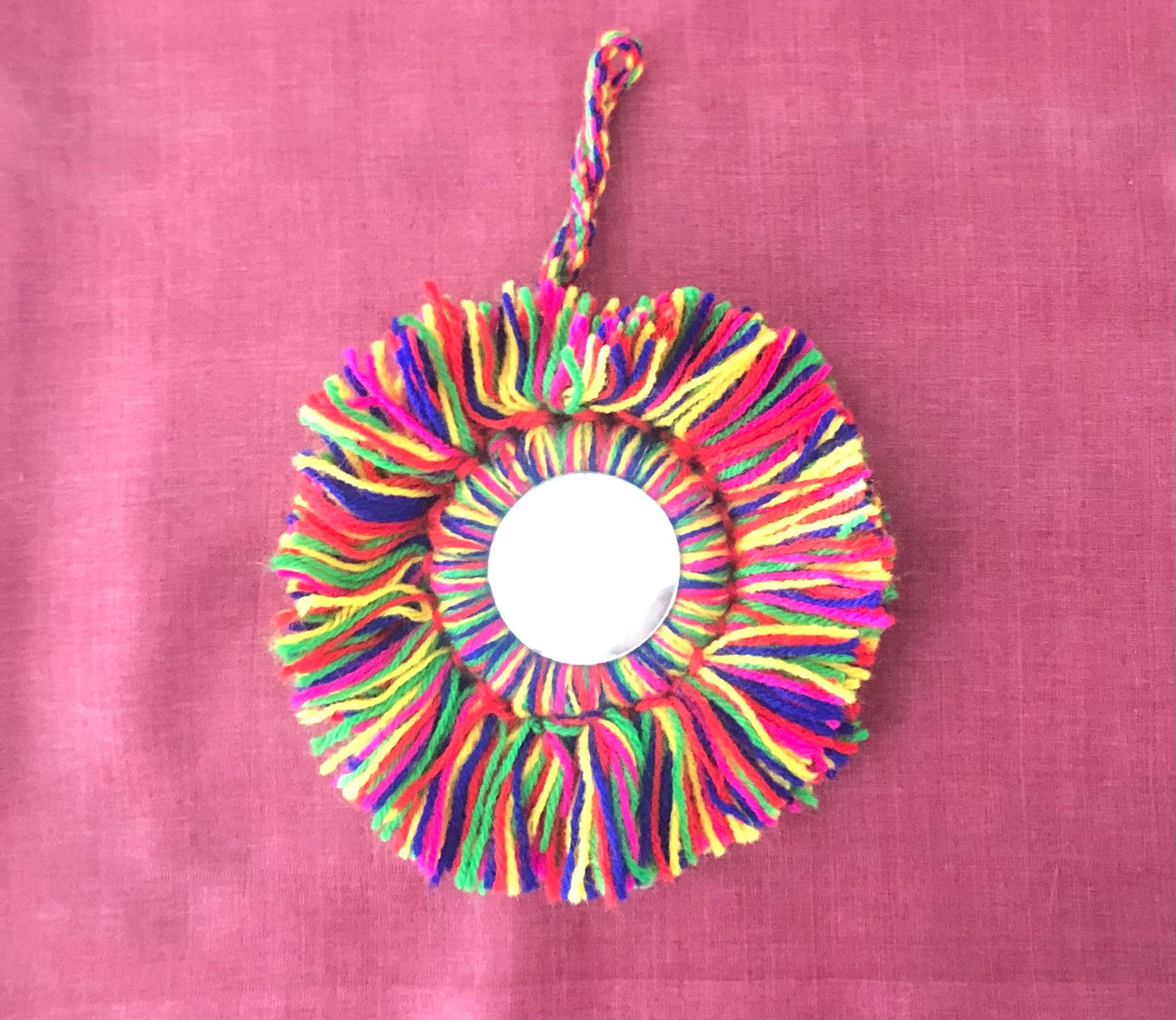 Boho Multicolour Round Mirror Tassel,Handmade Latkan, Rainbow Woollen Tufted Tassel,Quirky Kitschy Indian Tribal Charm,Christmas Tree Supply