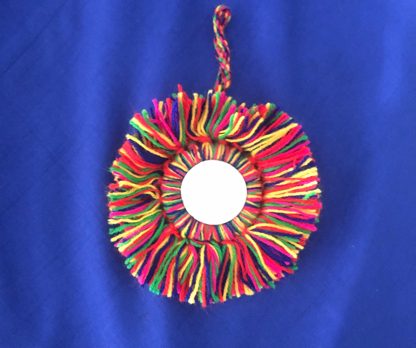 Boho Multicolour Round Mirror Tassel,Handmade Latkan, Rainbow Woollen Tufted Tassel,Quirky Kitschy Indian Tribal Charm,Christmas Tree Supply
