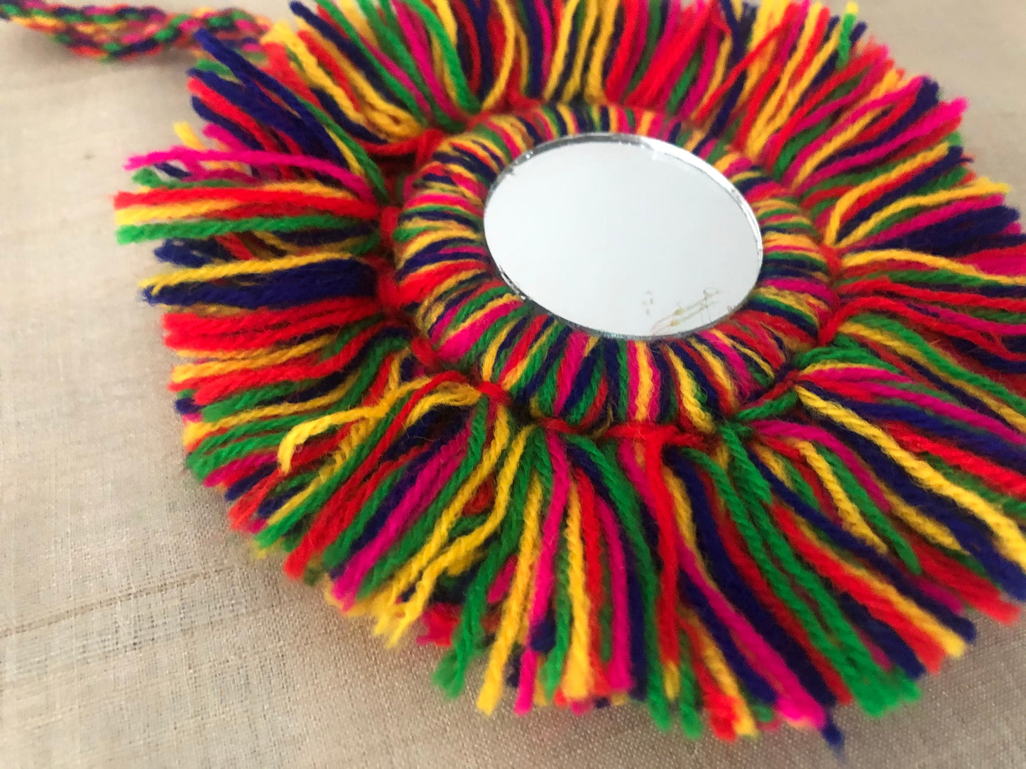 Boho Multicolour Round Mirror Tassel,Handmade Latkan, Rainbow Woollen Tufted Tassel,Quirky Kitschy Indian Tribal Charm,Christmas Tree Supply