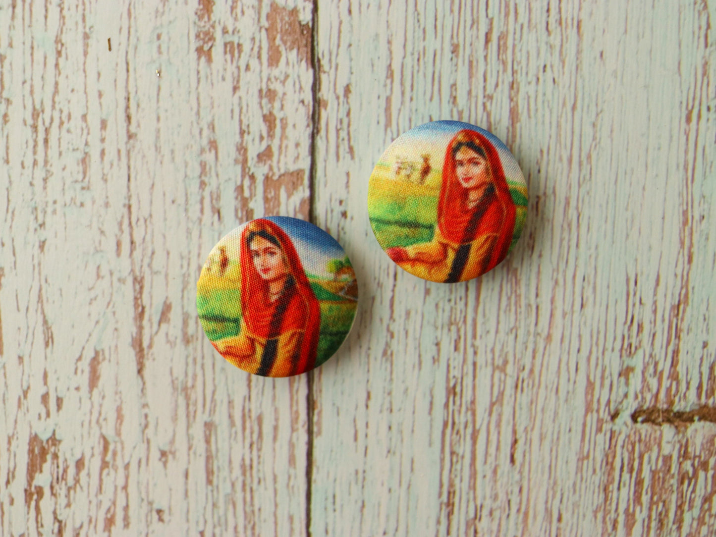Indian Girl Printed Fabric Button,Handmade Digital Print Button Charm,Human Print Button,Sherwani Kurta Button,Tribal Button,2 pcs