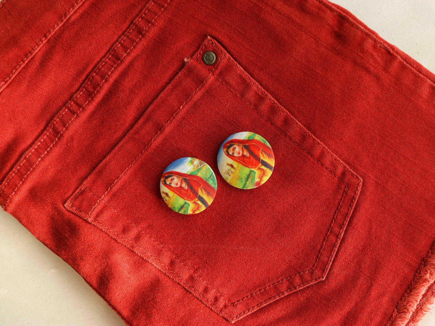 Indian Girl Printed Fabric Button,Handmade Digital Print Button Charm,Human Print Button,Sherwani Kurta Button,Tribal Button,2 pcs