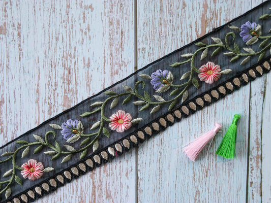 Black Pink Floral Embroidered Trim,Black Pink Blue Floral Organza Border,Floral Tissue Lace,Indian Trim,Black Saree Border,Price/mtr