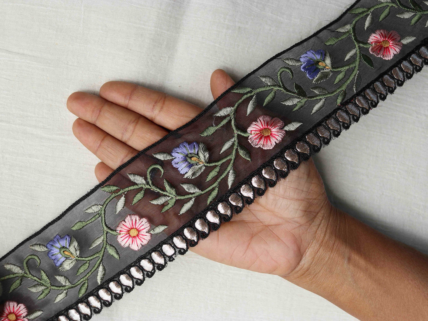 Black Pink Floral Embroidered Trim,Black Pink Blue Floral Organza Border,Floral Tissue Lace,Indian Trim,Black Saree Border,Price/mtr