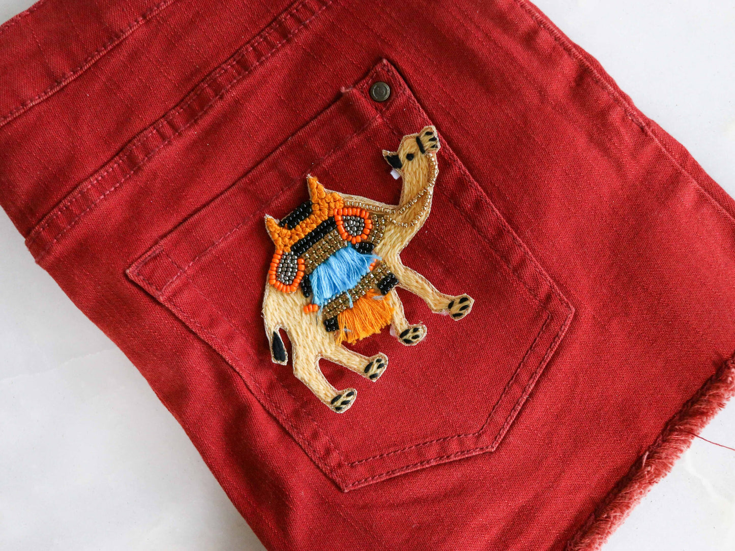 Beige Orange Camel Embroidered Patch,Handmade embroidered applique, Boho Quirky Animal patch,Sew on applique, Denim DIY Patch