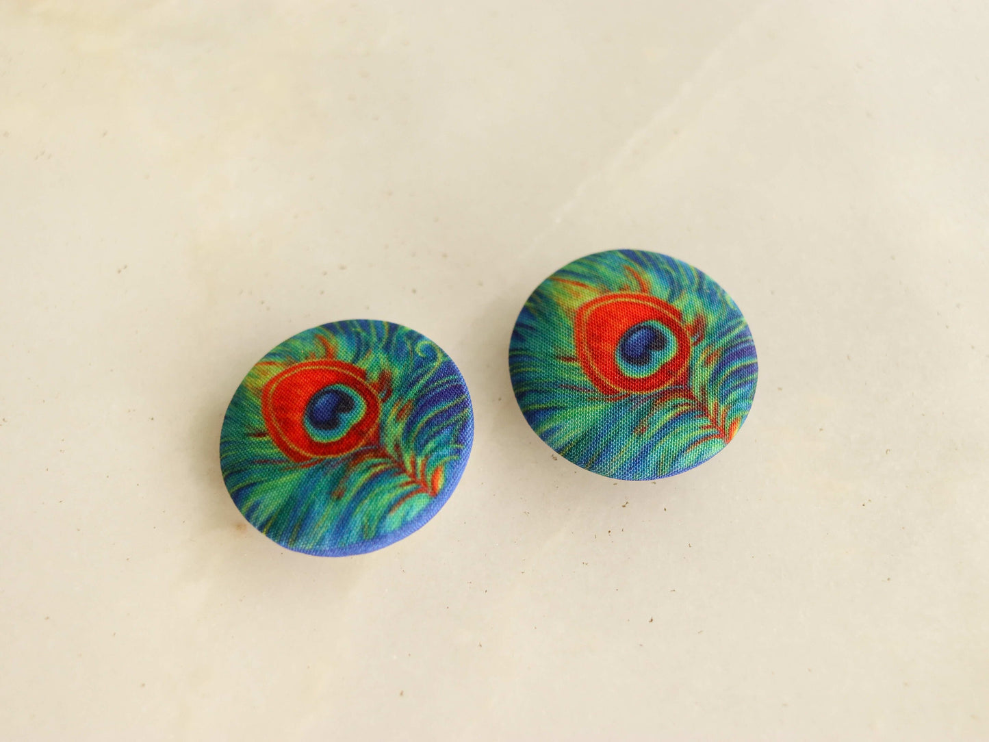 Peacock Feather Printed Fabric Button,Handmade Digital Print Button Charm,Bird Feather Button,Sherwani Kurta Button,Tribal Button,2 pcs