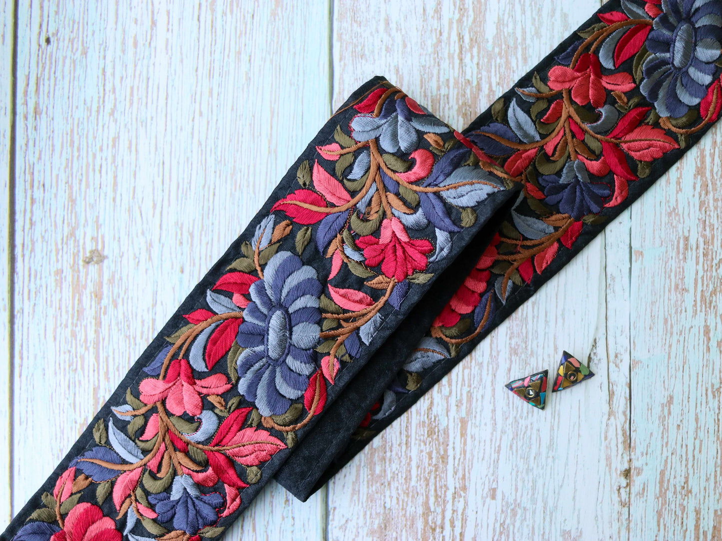 Black Red Floral Embroidered Trim,Indian Fabric Embroidered Border,Black Floral Lace,Parsi Embroidery Border,Black Saree Border,Price/mtr