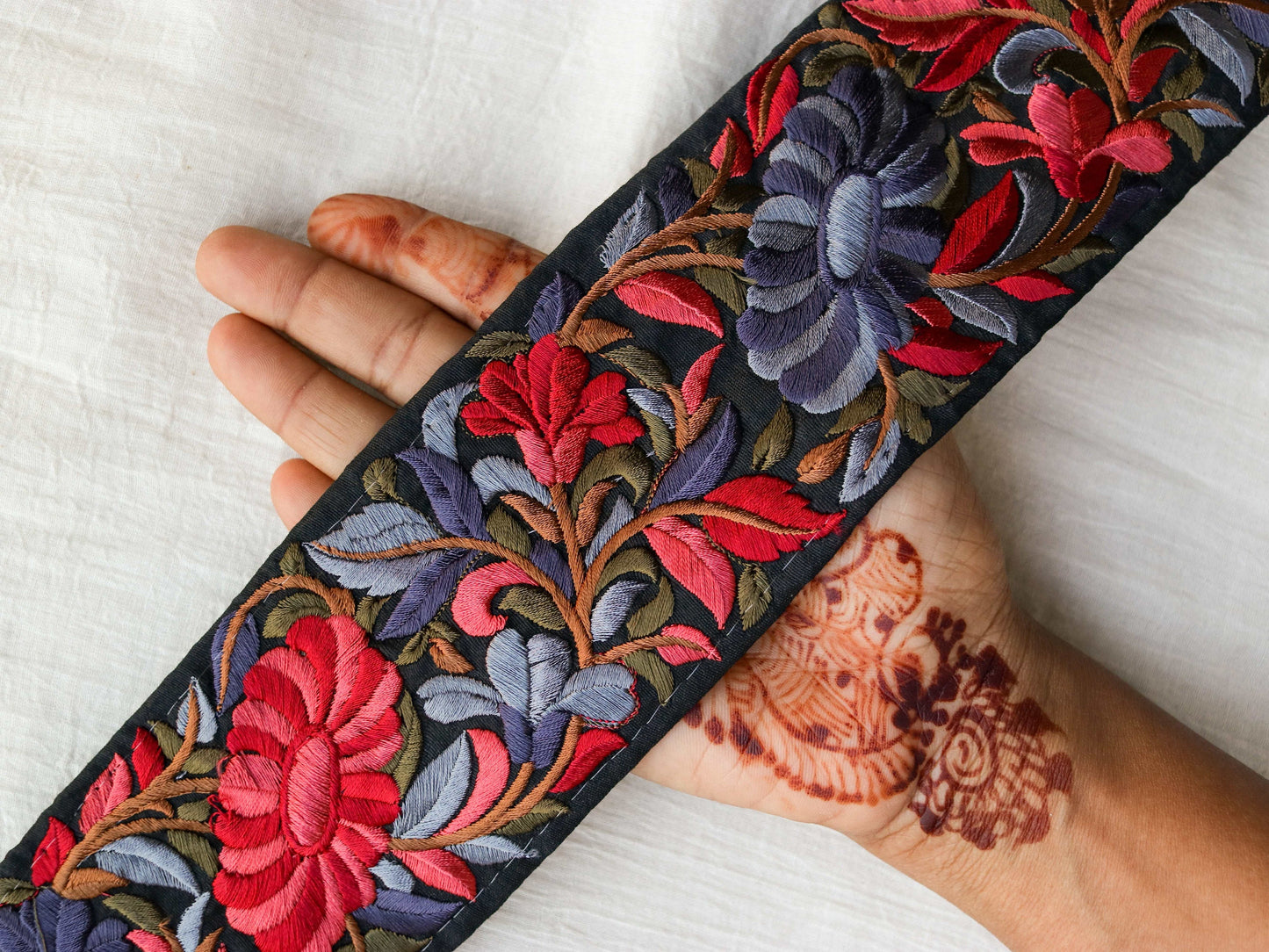 Black Red Floral Embroidered Trim,Indian Fabric Embroidered Border,Black Floral Lace,Parsi Embroidery Border,Black Saree Border,Price/mtr