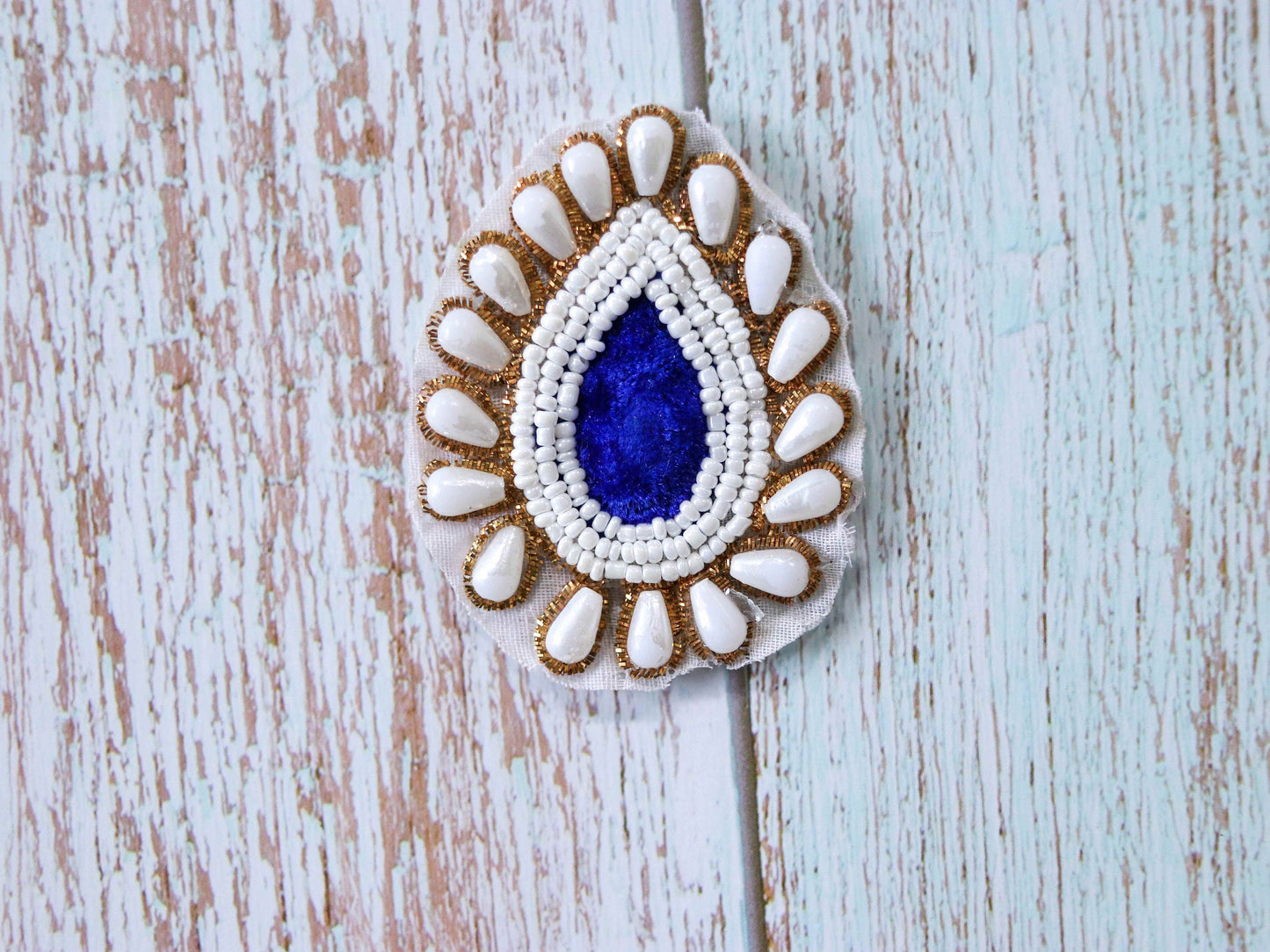 White Blue Teardrop Embroidered Patch,Indian Handmade Beaded Leaf Paan Applique, White Blue DIY Denim Costume patch