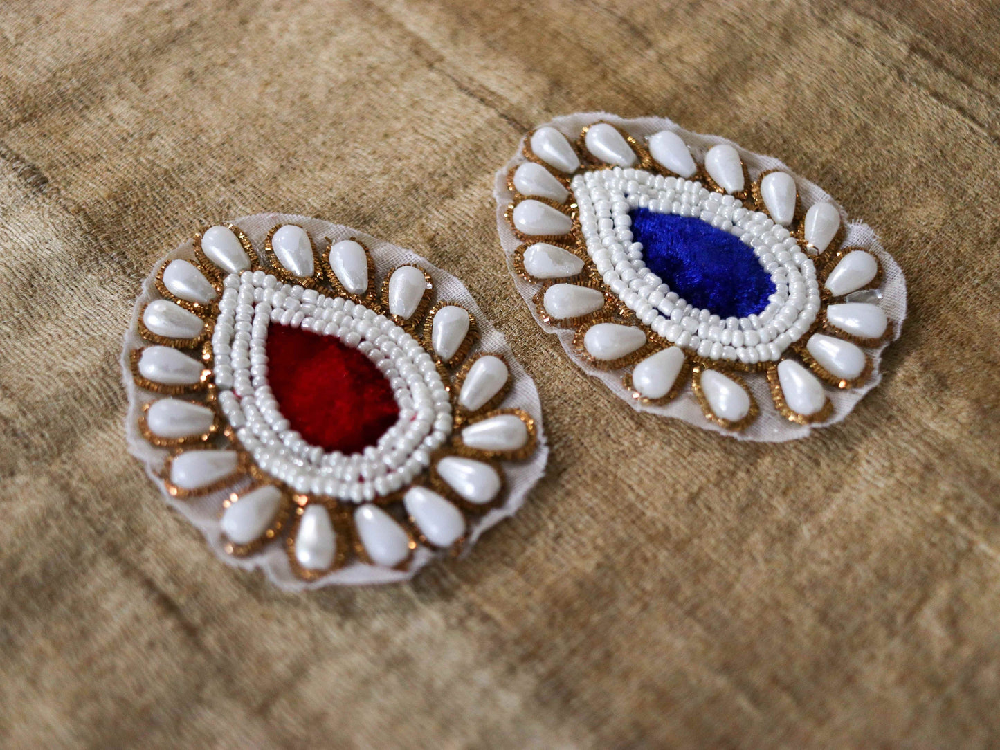 White Blue Teardrop Embroidered Patch,Indian Handmade Beaded Leaf Paan Applique, White Blue DIY Denim Costume patch